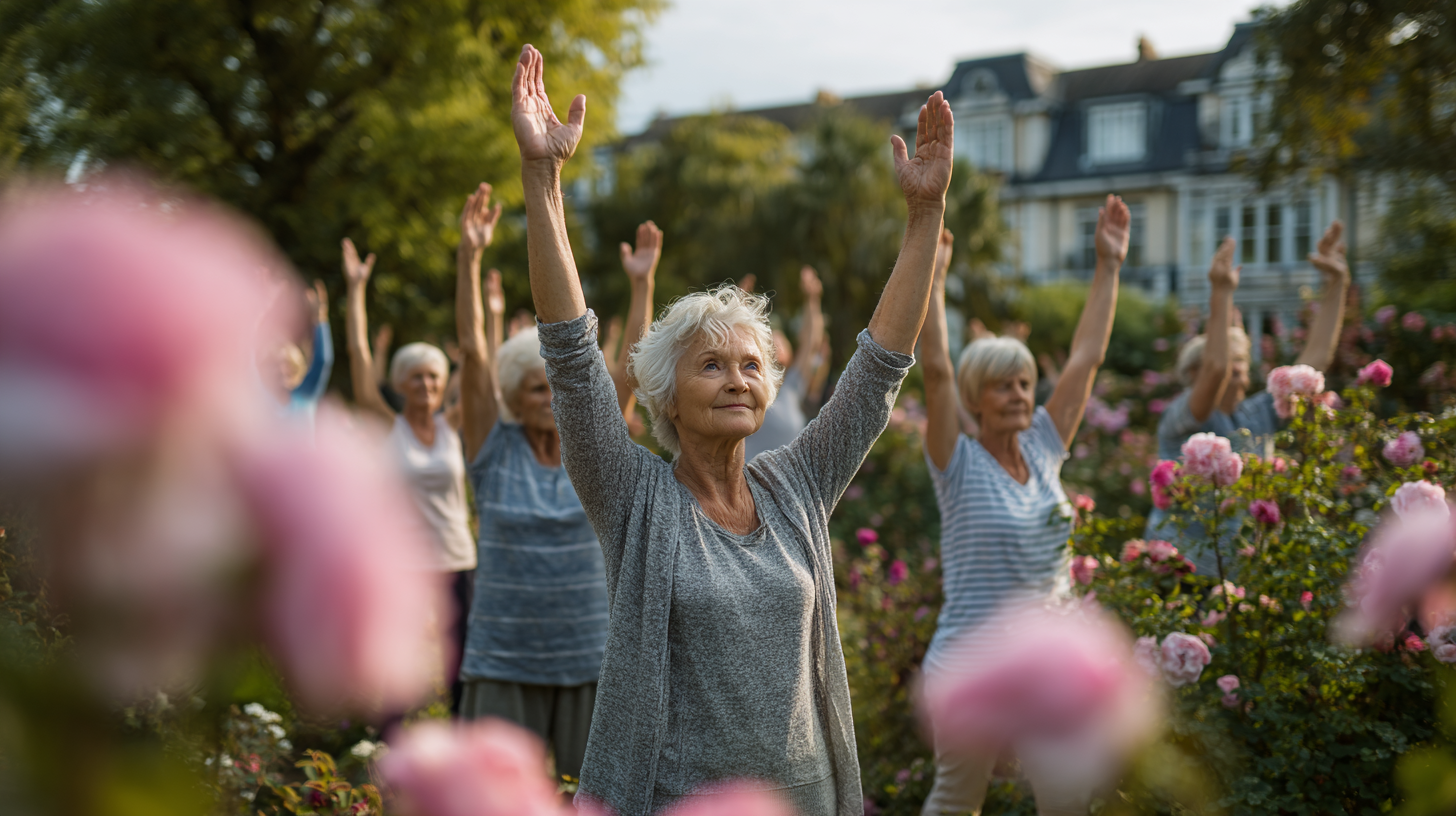 Seniori practicând yoga împreună în parc