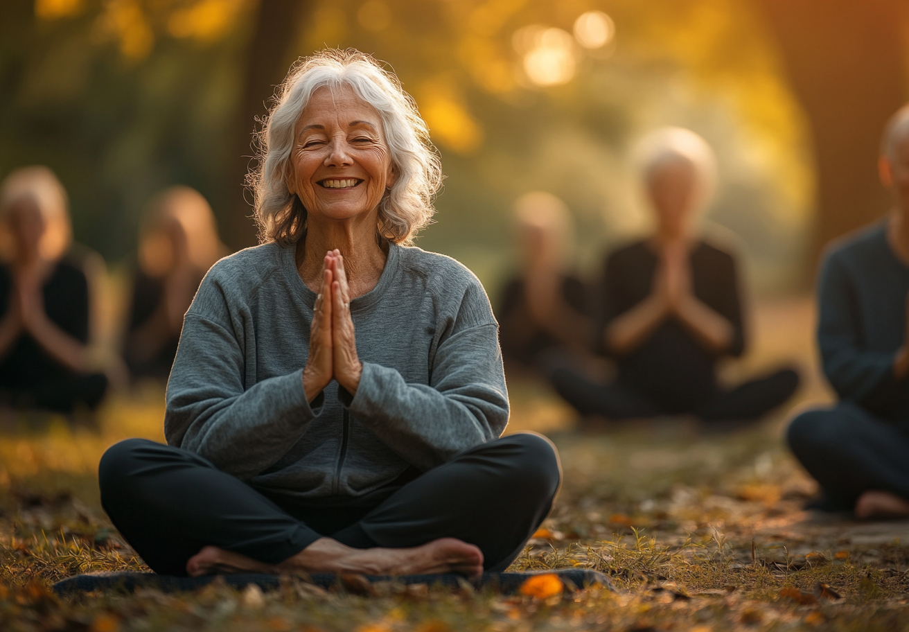 Instructor de yoga ghidând un grup de seniori într-o sesiune de relaxare